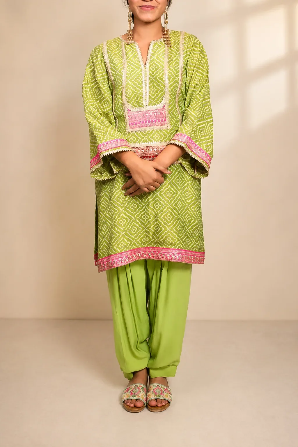 Green Bandhani Print Kurta with Dhoti Pants — view 2