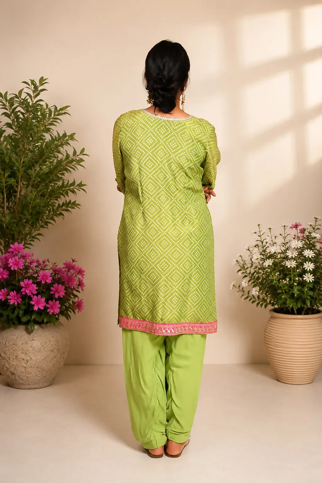 Green Bandhani Print Kurta with Dhoti Pants — view 3
