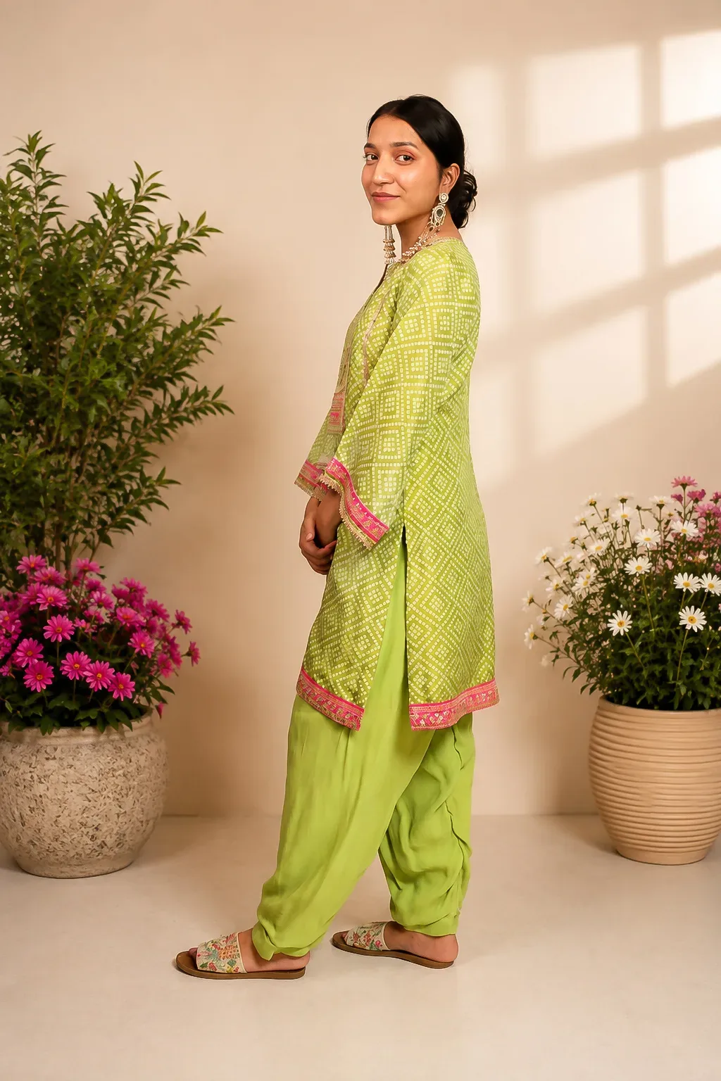 Green Bandhani Print Kurta with Dhoti Pants — view 6