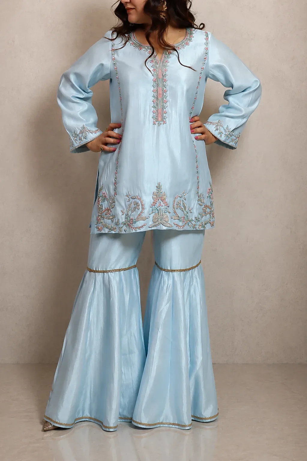 Powder Blue Embroidered Sharara Set — view 4