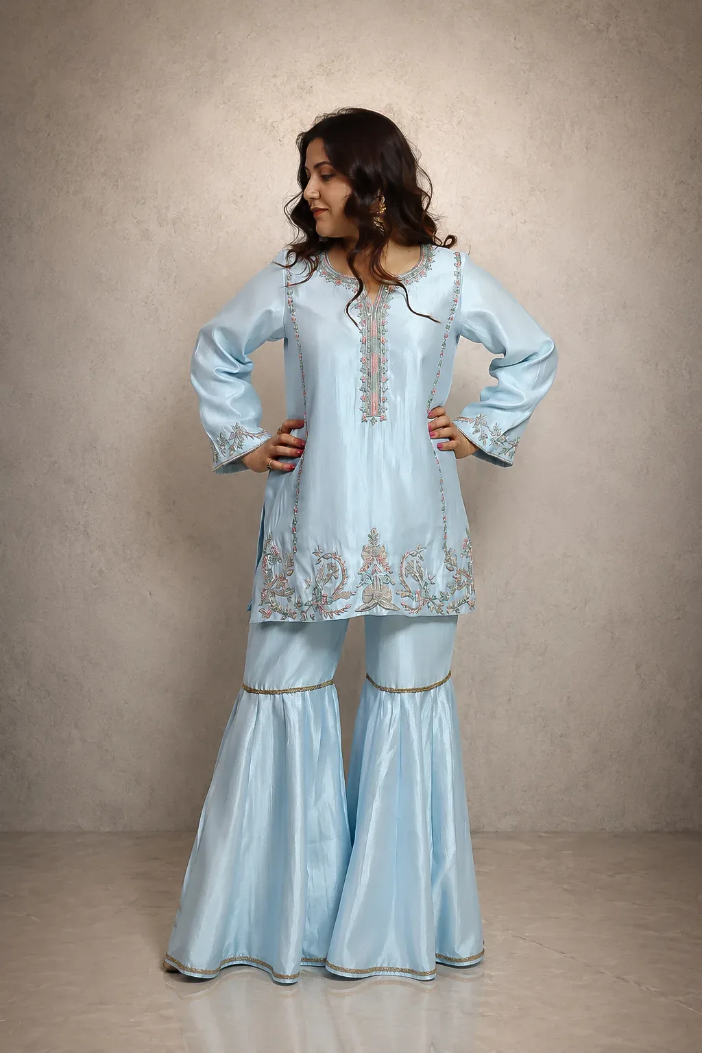 Powder Blue Embroidered Sharara Set — view 7