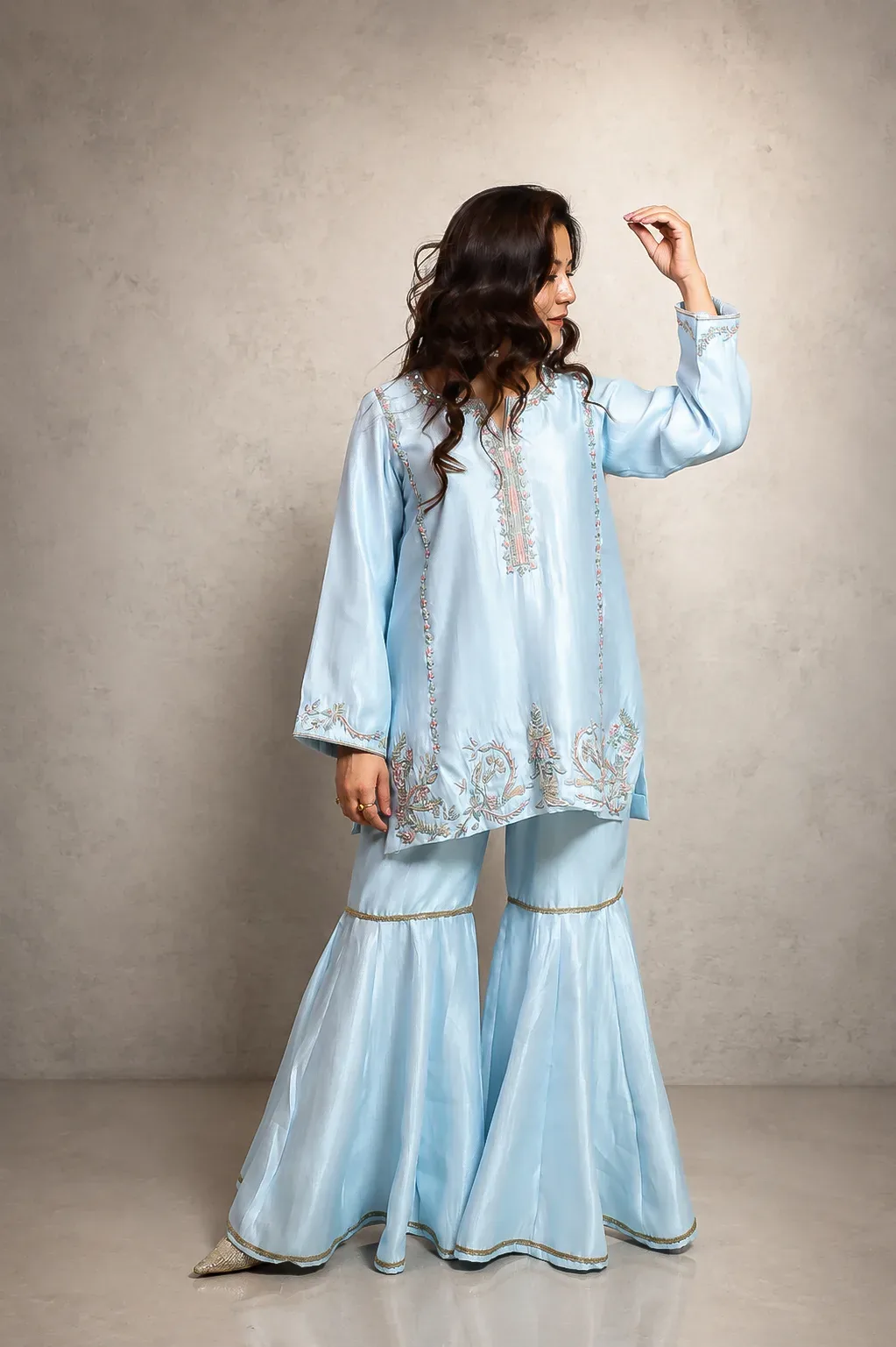 Powder Blue Embroidered Sharara Set — view 8