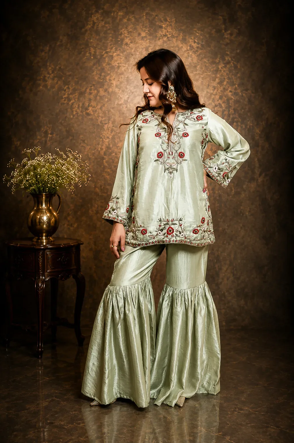 Sage Green Embroidered Sharara Set — view 2