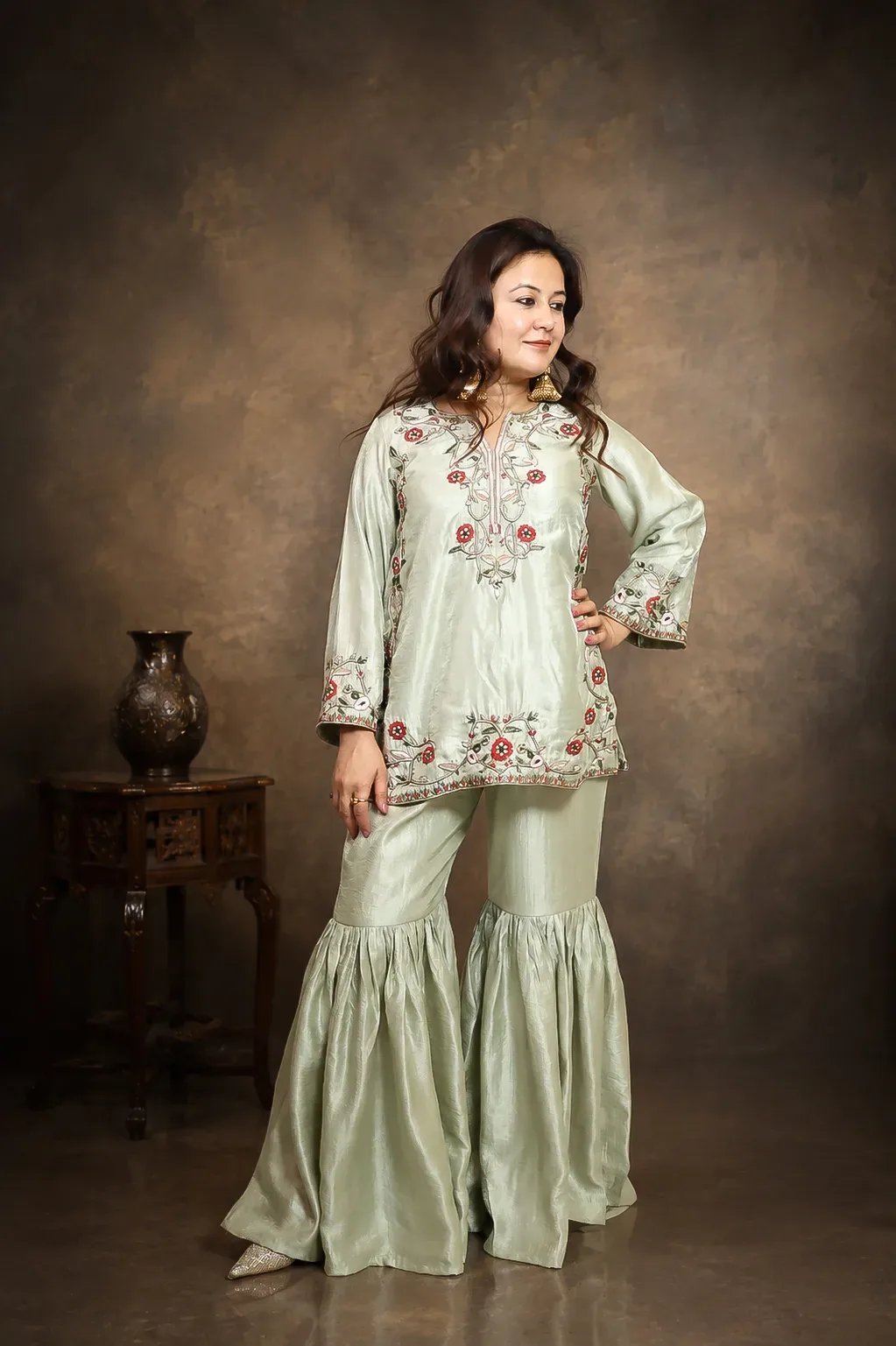 Sage Green Embroidered Sharara Set — view 3