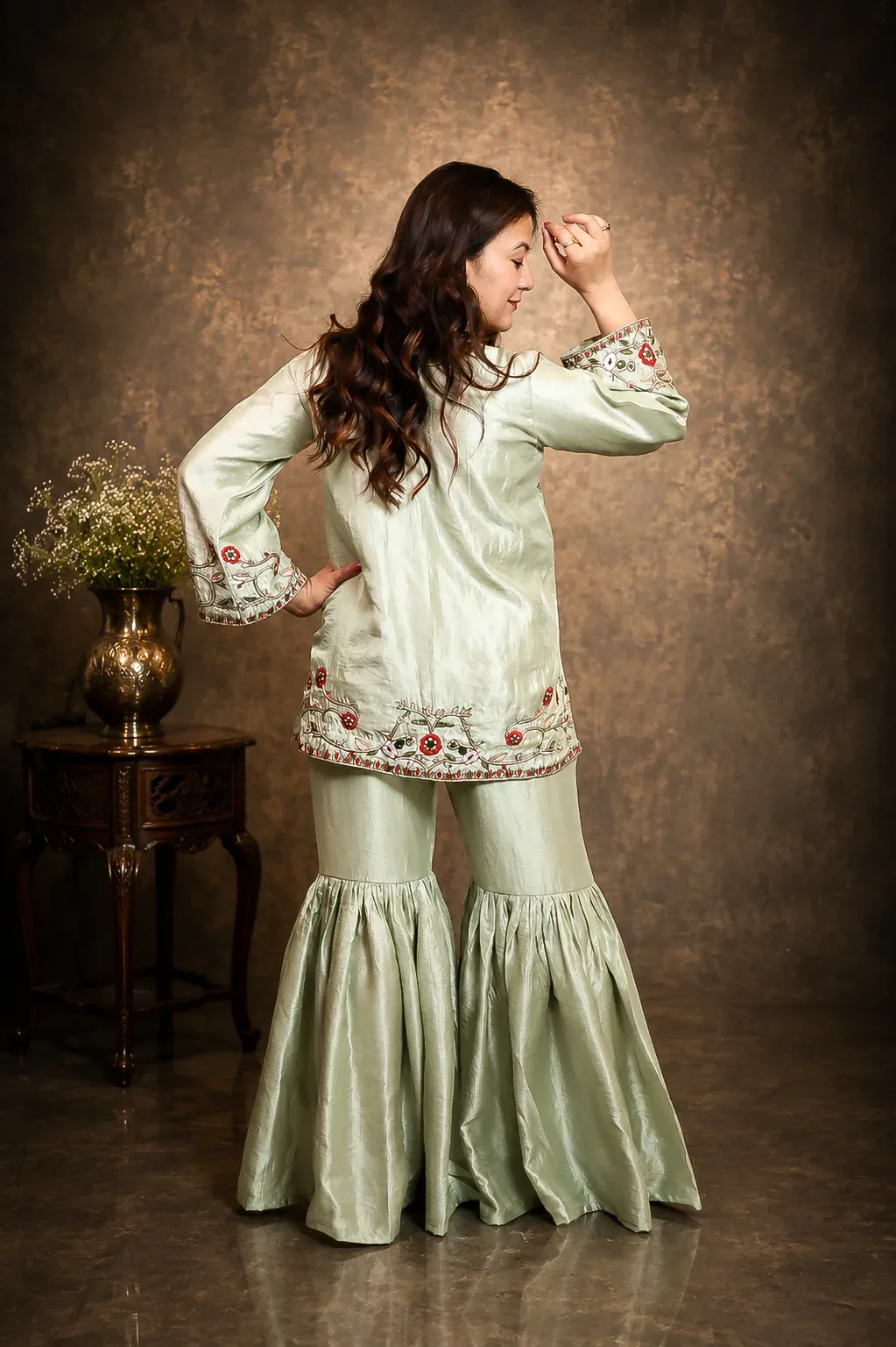 Sage Green Embroidered Sharara Set — view 4