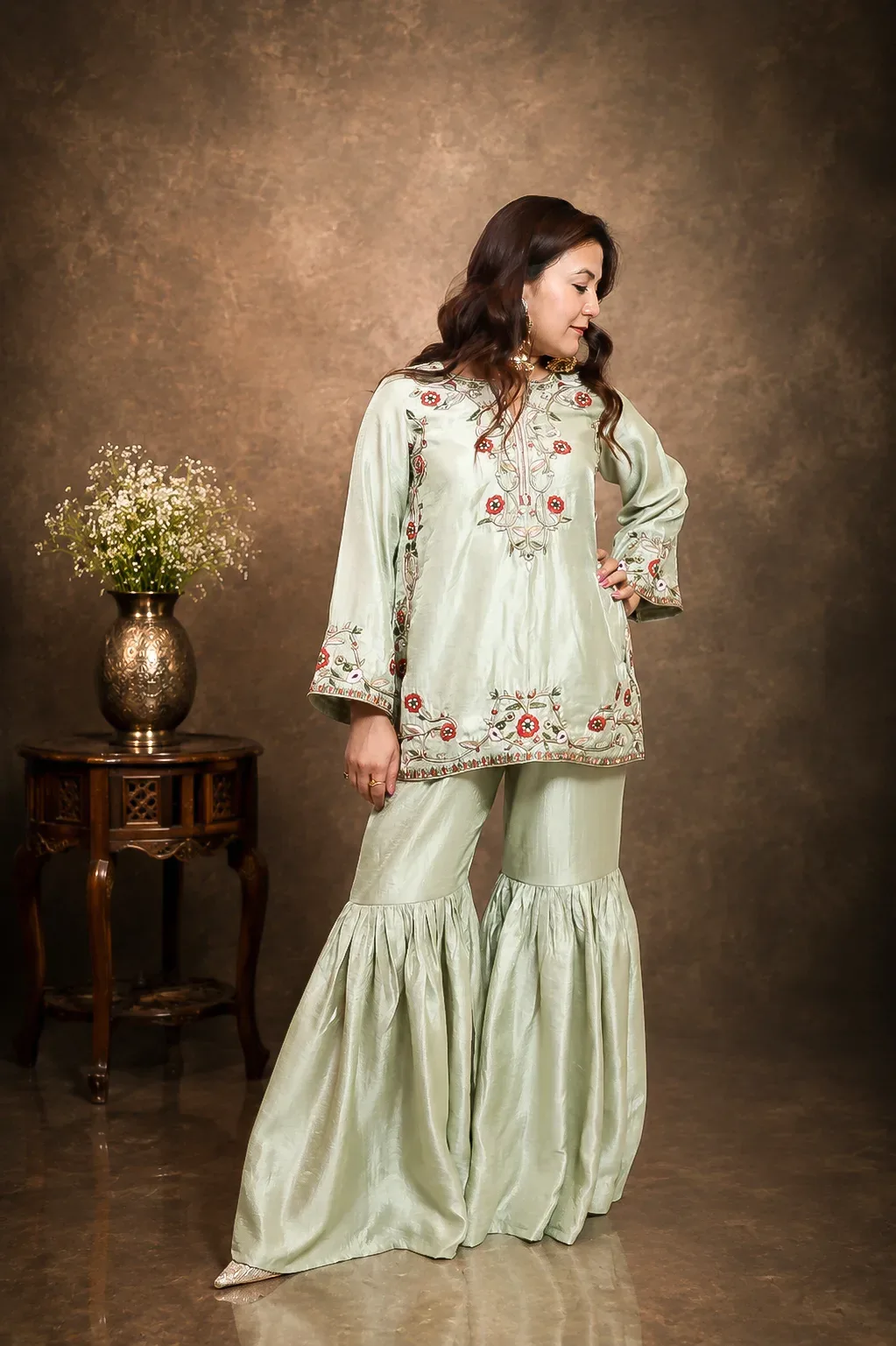 Sage Green Embroidered Sharara Set — view 5