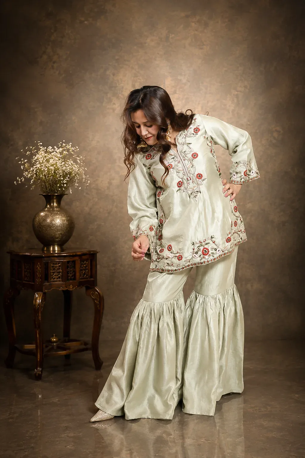 Sage Green Embroidered Sharara Set — view 7
