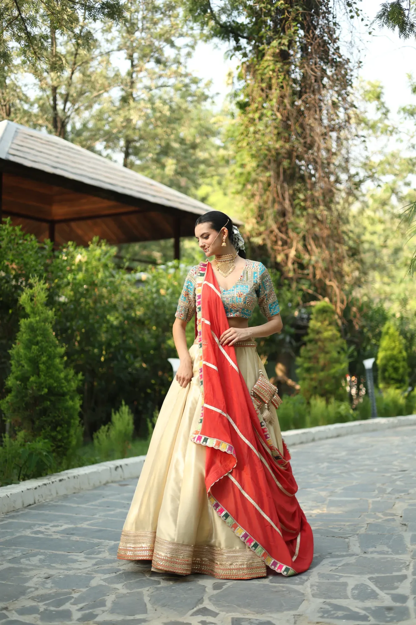 Ivory and Coral Lehenga — view 5