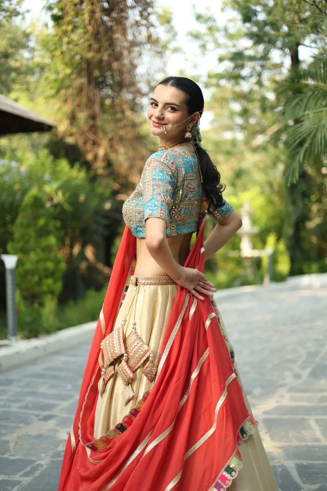 Ivory and Coral Lehenga — view 6