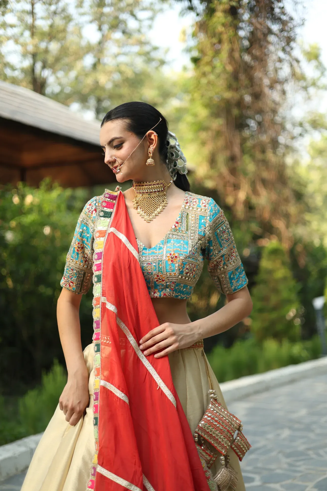 Ivory and Coral Lehenga — view 7