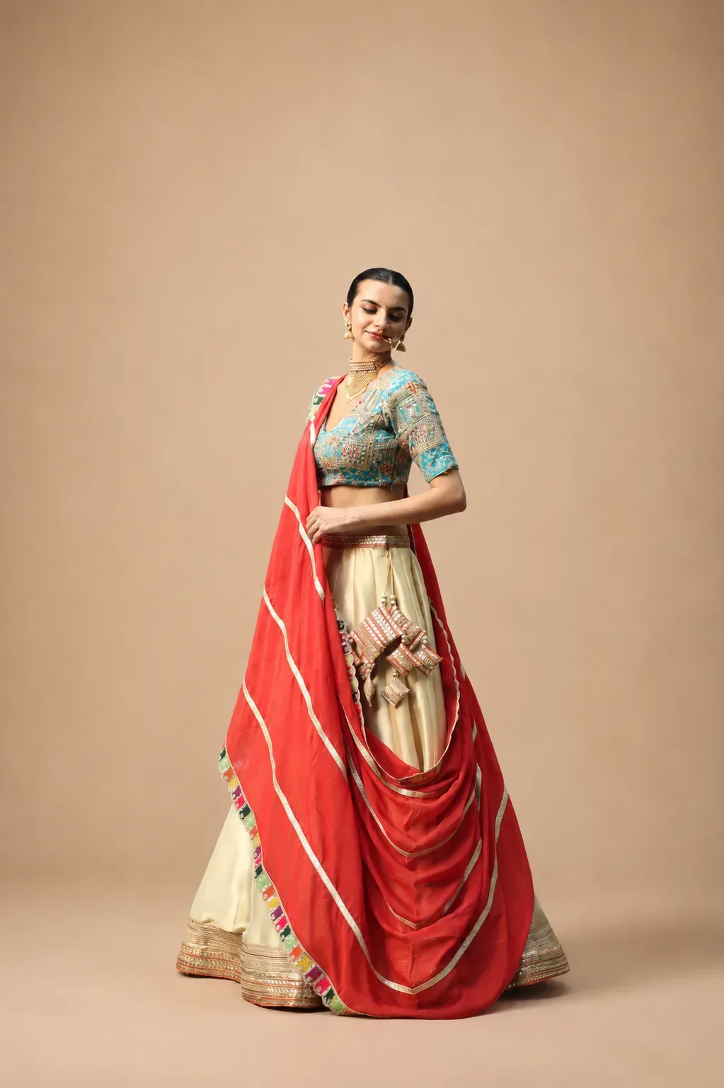 Ivory and Coral Lehenga