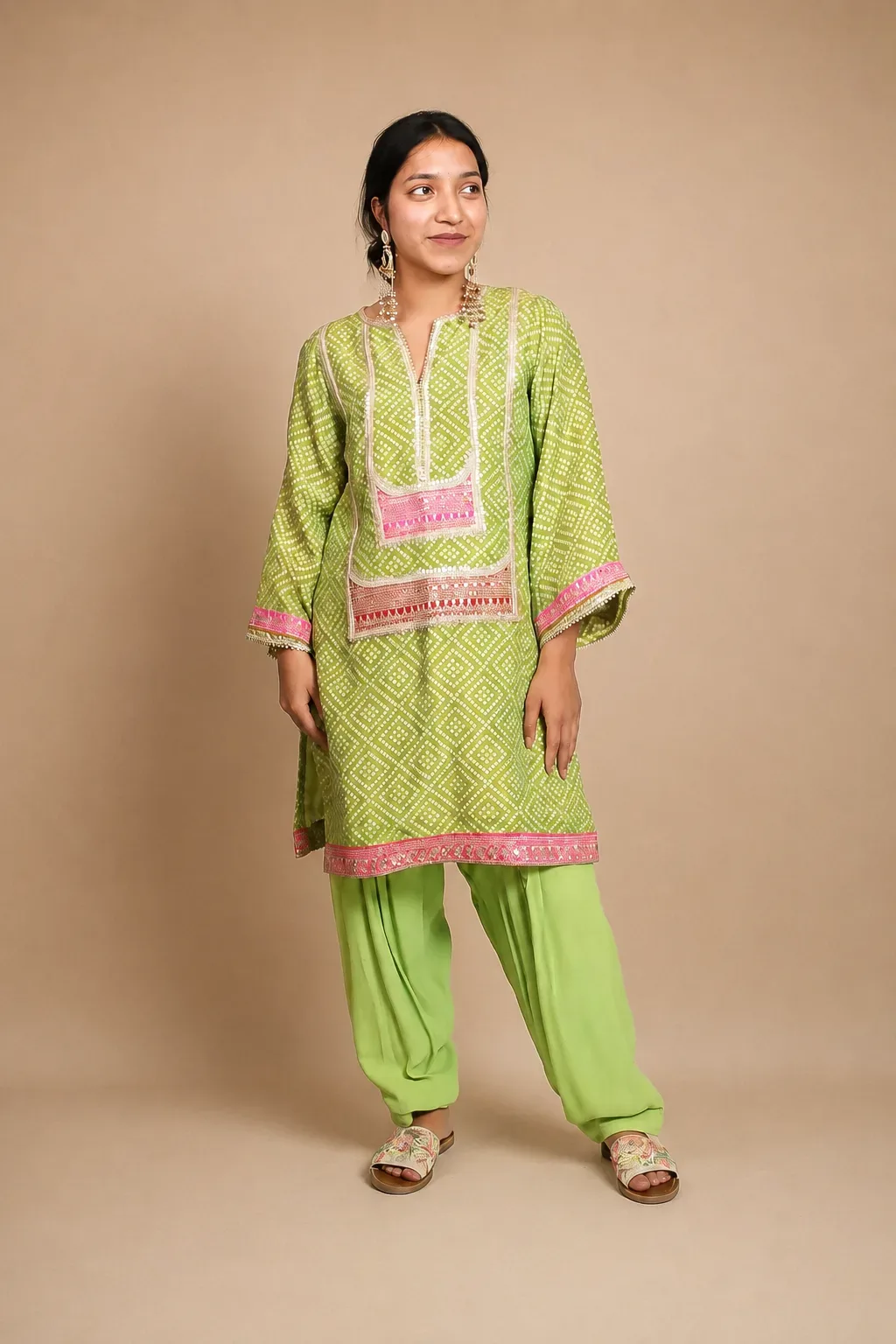 Green Bandhani Print Kurta with Dhoti Pants