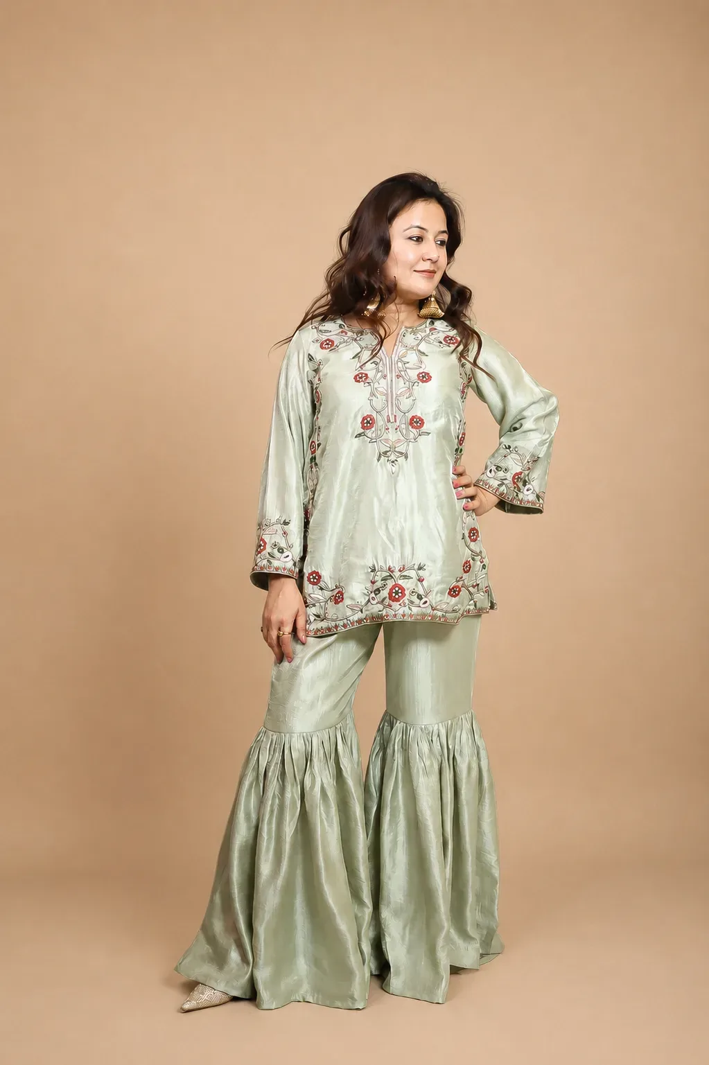 Sage Green Embroidered Sharara Set
