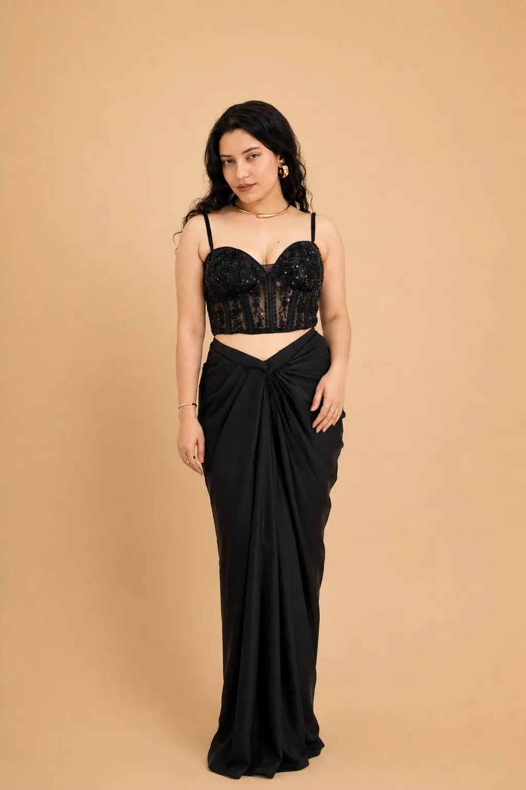 Black Opulence Corset Cowl Drape Set